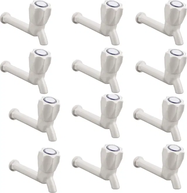 Plastic Long Body Bib Cock Tap with Wall Flange, White, Set of 12