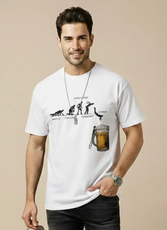 Polyester Printed T-shirt for Men, White (M)