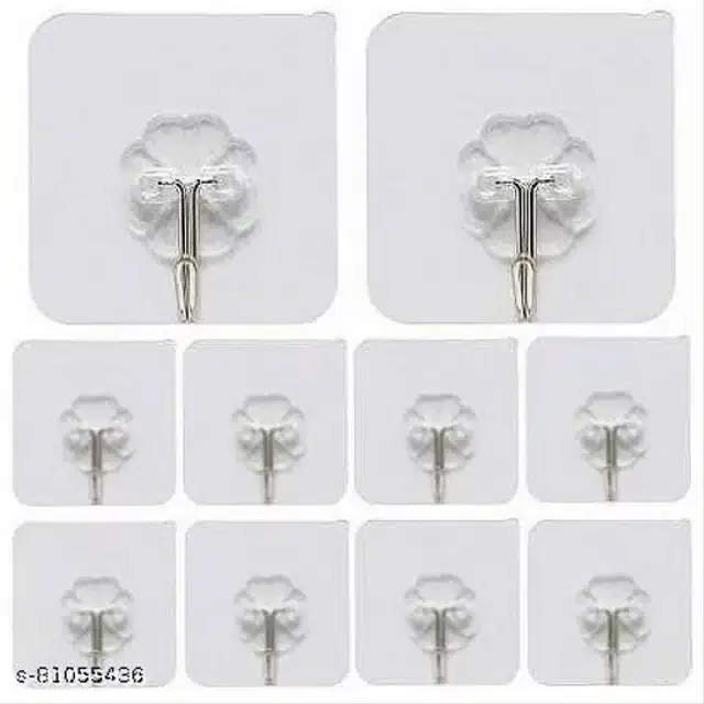 Self Adhesive Wall Hooks, Transparent, Pack of 10
