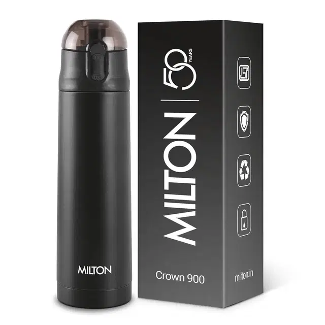 MILTON New Crown 900 Thermosteel Water Bottle, ISI Certified, 24 Hr Hot and Cold 750 ml Stainless Steel Flask (Pack of 1, ) Black