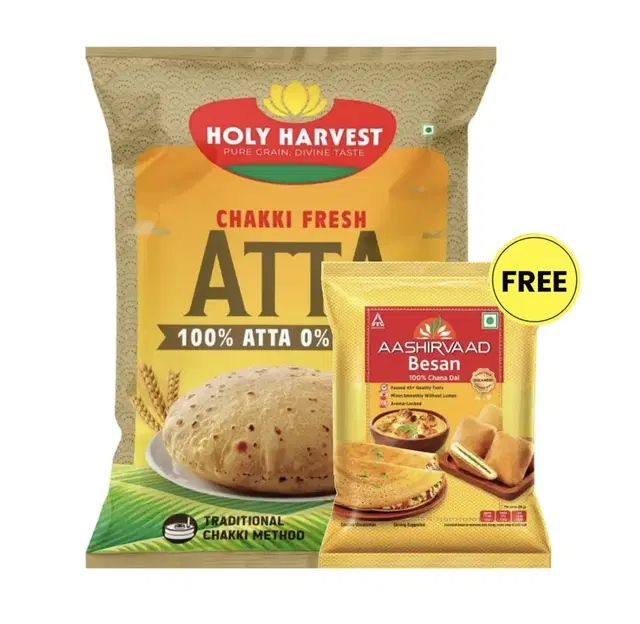 Holy Harvest Chakki Fresh Atta 10 kg + Free Aashirvaad Besan 1 kg