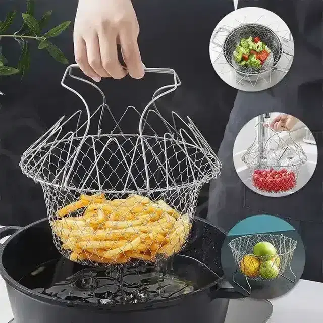 Pallavi Trading Foldable Steam Rinse Deep Frying Basket Stainless Steel Fry French Magic Basket Mesh Basket Strainer Net Fried