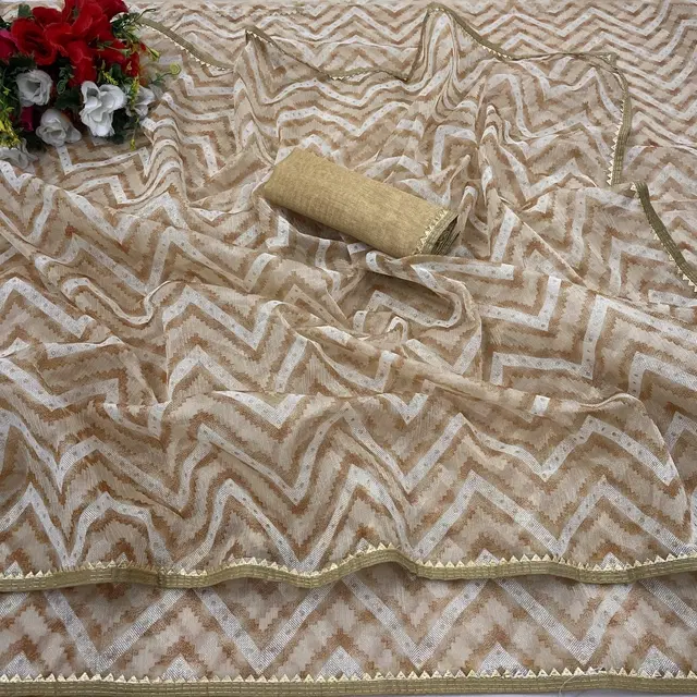 Organza Printed Saree for Women (Peach, 6.3 m)