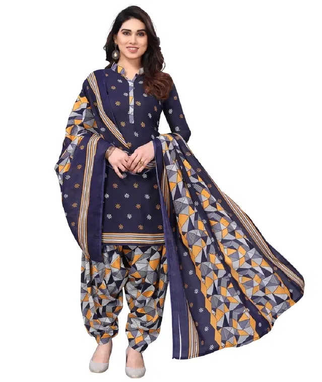 Cotton Blend Block Print Unstitched Suit with Dupatta for Women, Blue