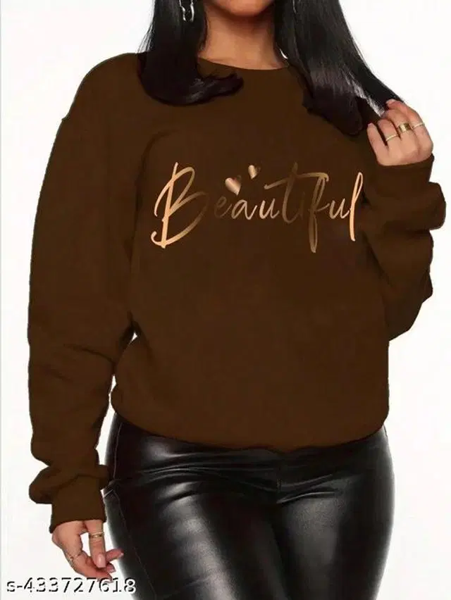 Fleece Printed Sweatshirt for Women (Brown, S)