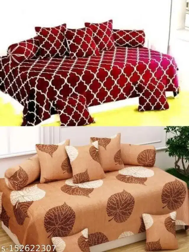 Polycotton Diwan Cover Set, Maroon & Tan, Combo of 2