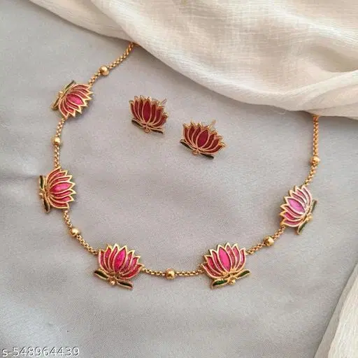 Golden Ball Advaita Enamel Lotus Short Neckpiece / Choker With Earring