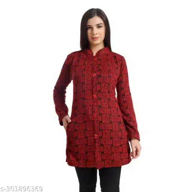 Woolen Full Sleeves Cardigan for Women (Red & Black, M)