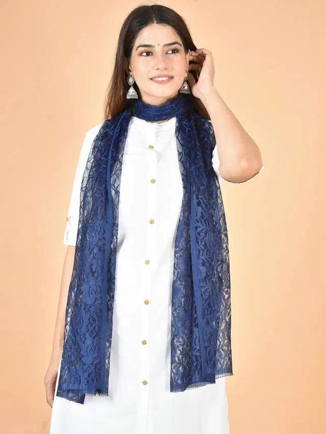 Net Self-Design Dupatta for Women (Navy Blue, 2.2 m)