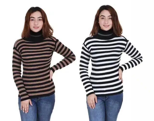 Full Sleeves Striped Sweater for Women, Pack of 2 (Brown & White, M)