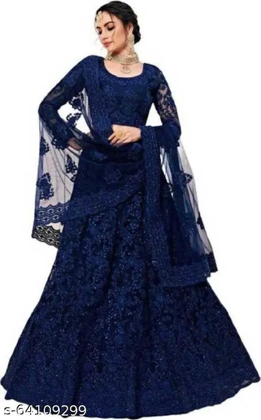 Cotton Blend Lehenga Choli for Women (Navy Blue, Free Size)