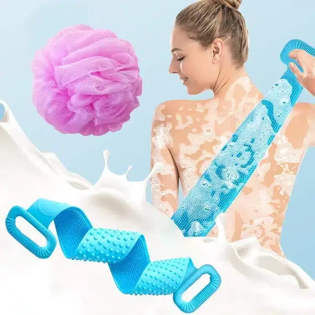 Silicone Body Scrubber Belt with Soft Loofah, Set of 2, Multicolor