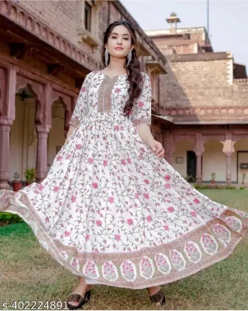 Rayon Printed Gown for Women, White (XXL)