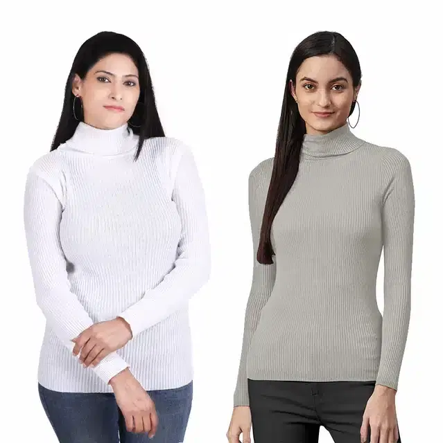 Full Sleeves High Neck Sweater for Women, Pack of 2 (White & Grey, M)