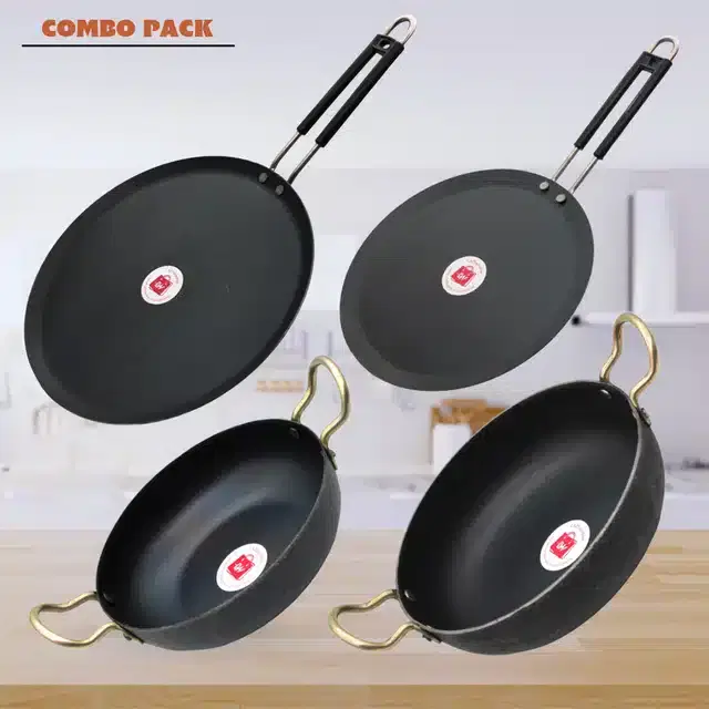 Frying Pan & Tawa Set, Pack of 4, Black, 1200 ml