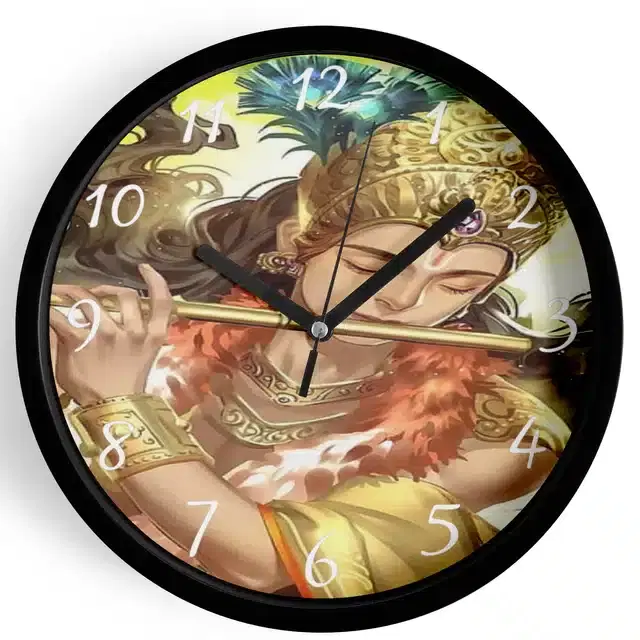 Analog Lord Krishna Wall Clock for Home, Black, 7 Inches