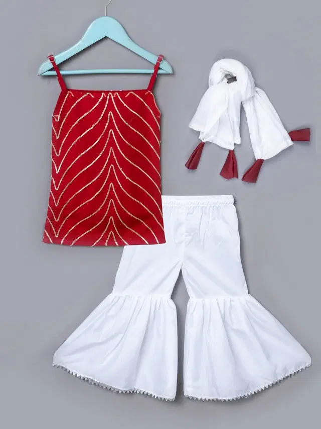 Net Embellished Kurti with Sharara & Dupatta for Girls (Red & White, 2-3 Years)