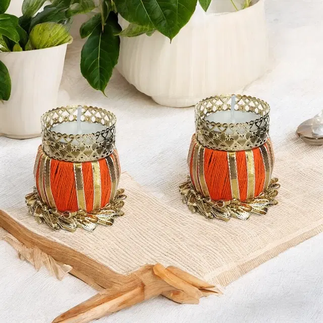 Metal Designer Tealight Candle Holder, Orange, 5x5x6 cm, Pack of 2