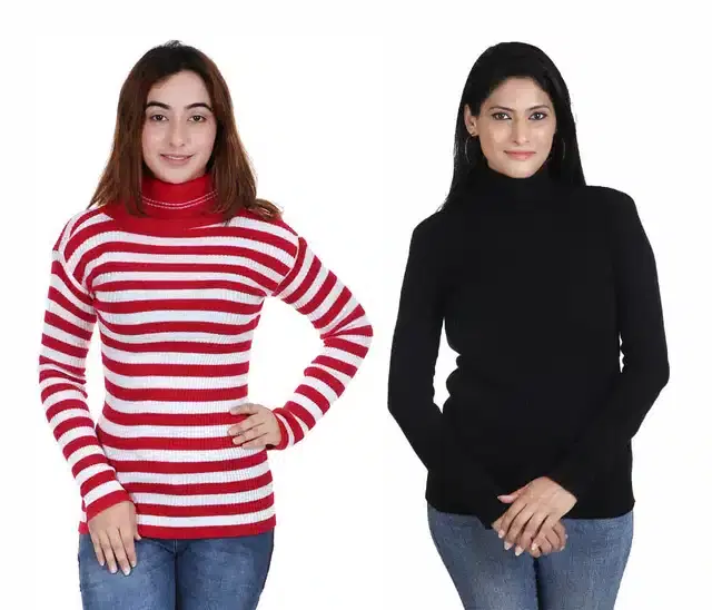 Full Sleeves Solid Sweater for Women, Pack of 2 (Black & Red, S)