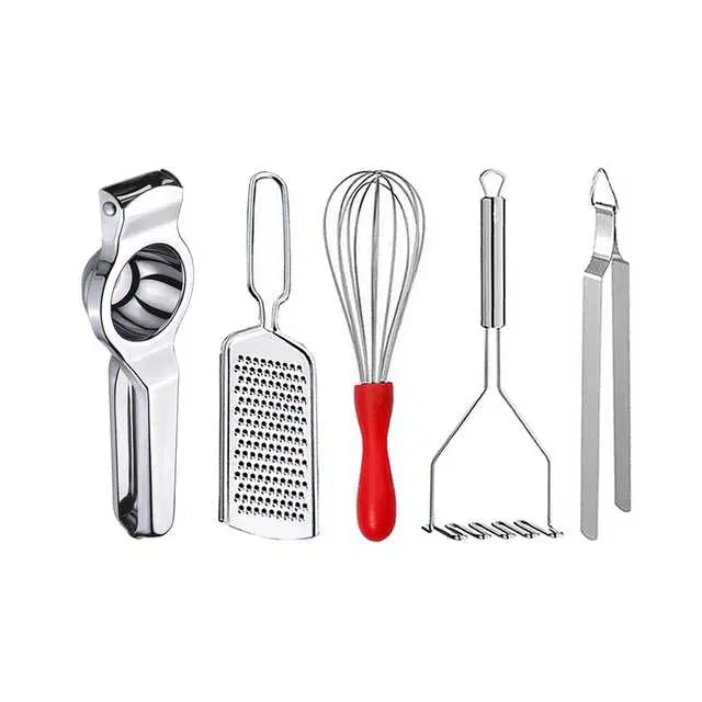 Oc9 Stainless Steel Lemon Squeezer & Cheese Grater & Egg Whisk & Potato Masher & Roti Chimta Kitchen Tool Set, O-108