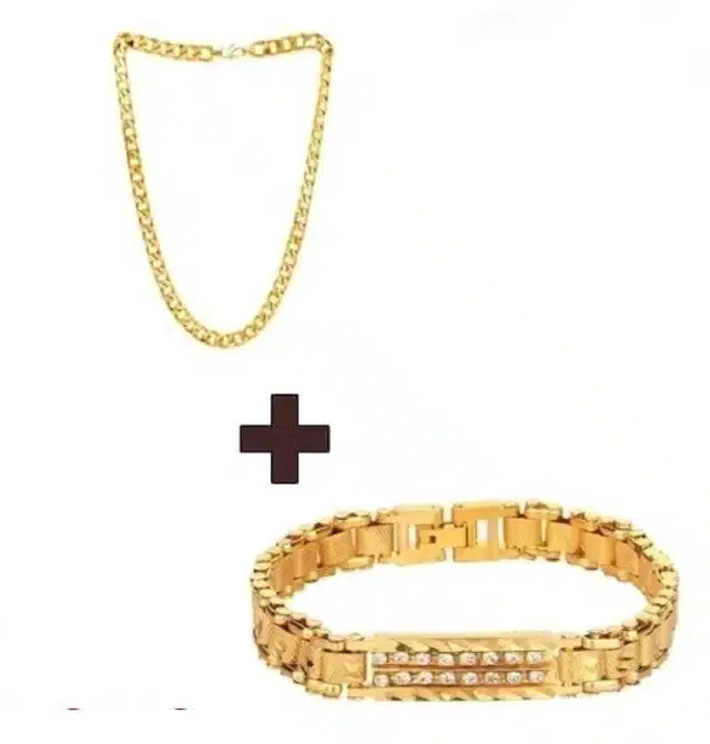 Designer Chain with Bracelet for Men & Boys, Set of 2 (Gold)