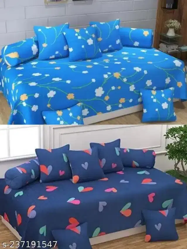 Polycotton Diwan Cover Set, Blue & Sky Blue, Combo of 2