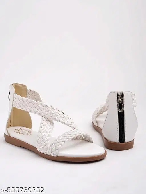 Solid Synthetic Flat Girls Sandals (White, 5)