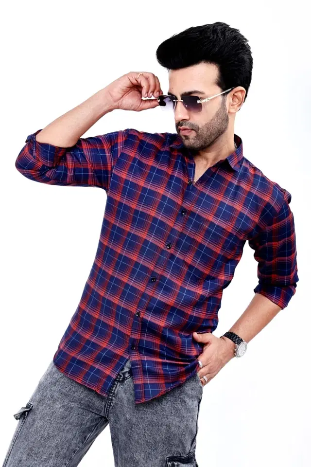 Cotton Blend Checked Shirt for Men, Red (M)