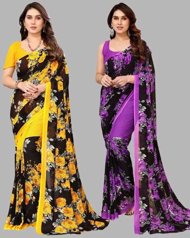 Georgette Printed Saree for Women, Pack of 2, Multicolor (6.3 m)