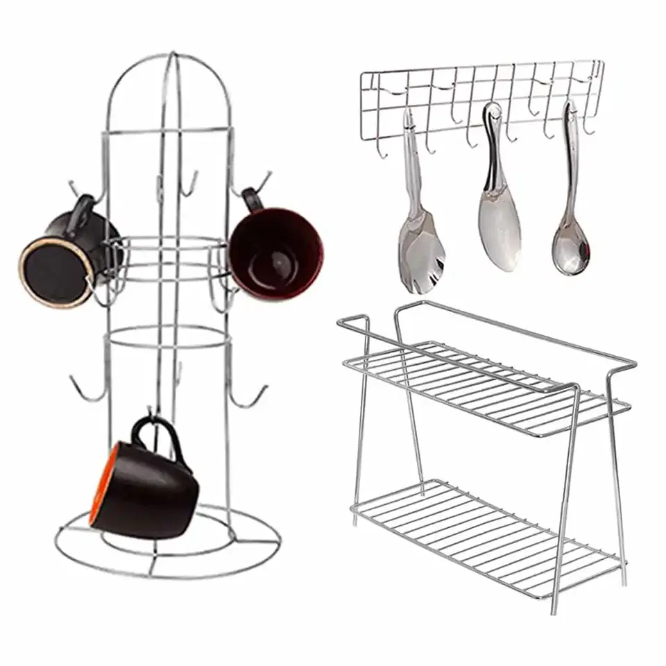 Oc9 Stainless Steel Spice Rack 2 Shelf & Cup Stand & Wall Mounted Ladle Hook Rail For Kitchen, Oc-284