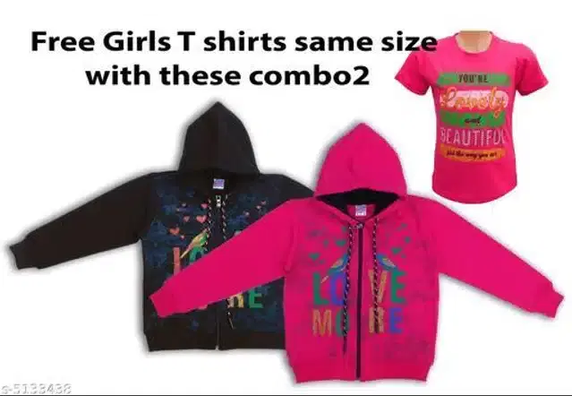 Fleece Printed Full Sleeves Hooded Sweatshirts with Free T-Shirt for Girls, Set of 3 (Multicolor, 2-3 Years)