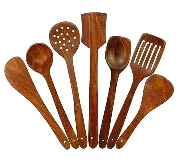 Wooden Cooking & Serving Spoons, Brown, Set of 7