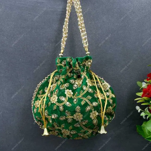Velvet Ethnic & Traditional Handheld Potli for Women, Green, A-59