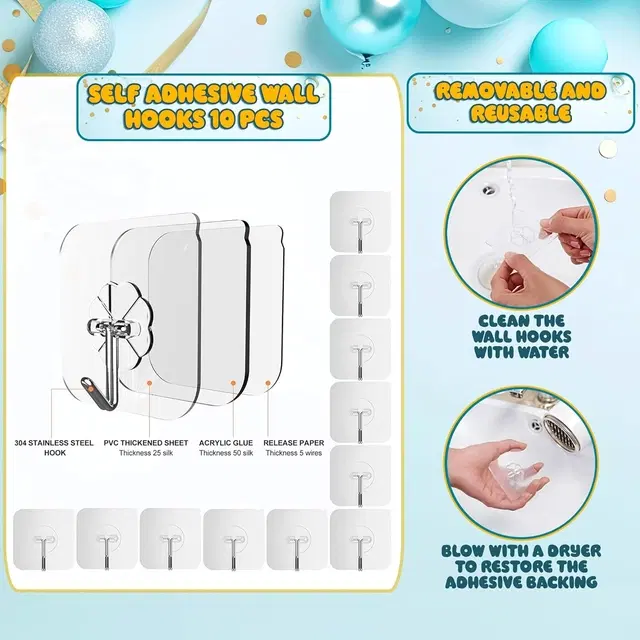 Plastic Wall Hooks, Transparent (Pack of 20)