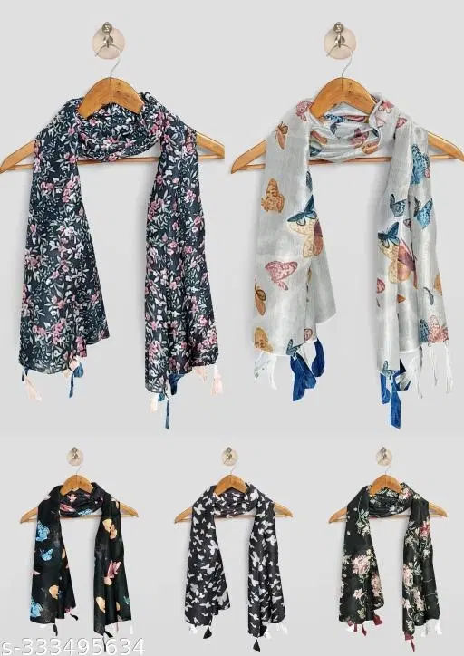 Printed Chiffon Scarves with Tassels for Women, Multicolor, Pack of 5