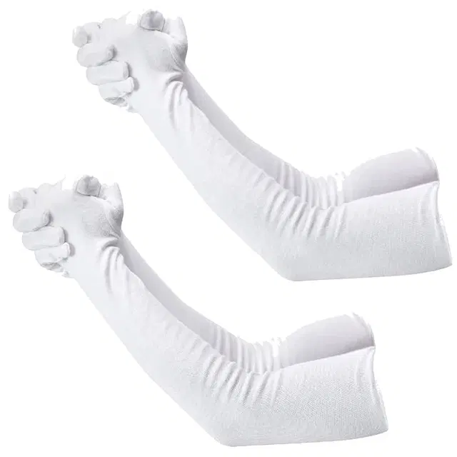 Cotton Solid Full Hand Gloves for Men & Women, Set of 2 (White)