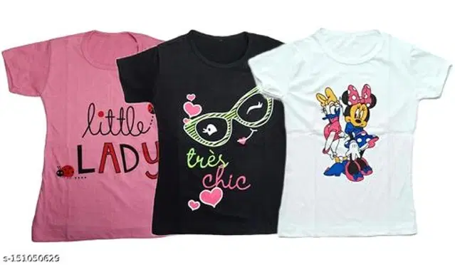 Round Neck Printed T-Shirt for Girls, Pack of 3 (Multicolor, 6-7 Years)
