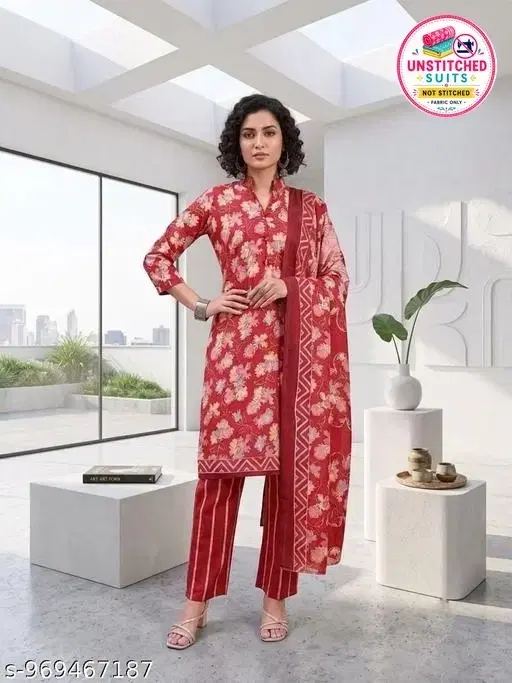 SIMPLYETHNIC Cotton Blend Printed Salwar Suit Set for Women (Red, L)