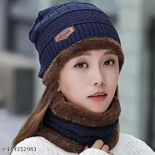 Woolen Cap with Neck Warmer for Women, Set of 1 (Multicolor)