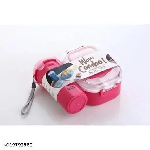 Wow-Combo Lunch Box and Bottle Pack, Pink, Portable Food Container Set with Handle