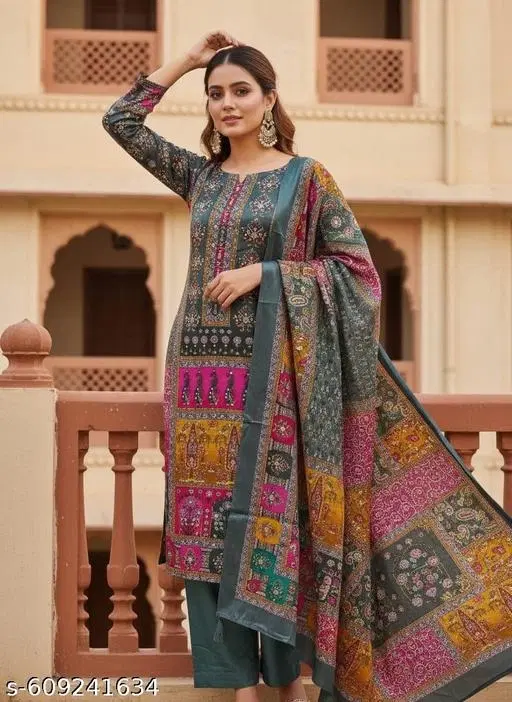 Printed Pakistani Suits for Women (Grey, Un Stitched)