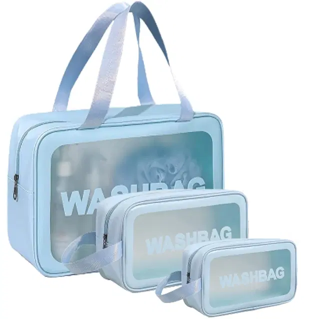 Portable Waterproof Zippered Cosmetic Bags, Blue, Set of 3