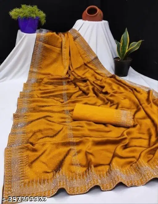 Chiffon Solid Saree For Women, Yellow