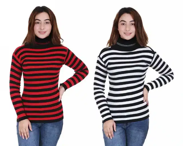 Full Sleeves Striped Sweater for Women, Pack of 2 (Maroon & White, S)