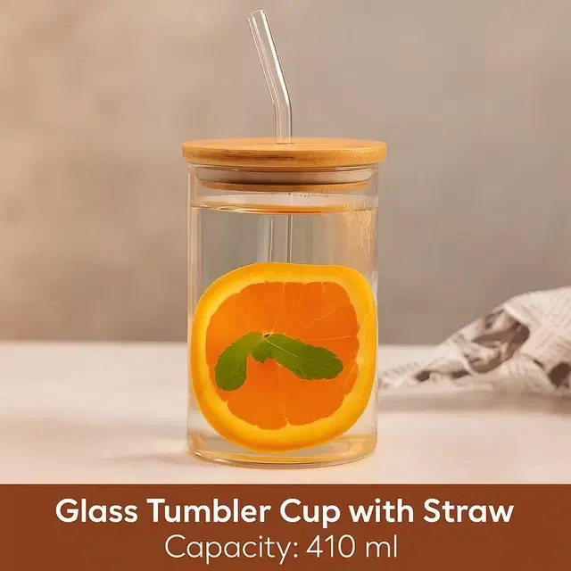 Afast Sipper Mug Fruit Juice Milk with Wooden Lid and Straw 410 ml - Green Tea Coffee Tumbler Cup,Starw Glass Juice for Kids,Adult, Pack of 1