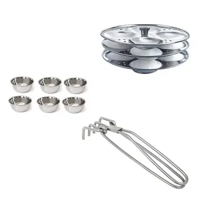 Stainless Steel 6 Chatni Katori, Pakad & Idli Making Stand of 3 Plates, Combo of 3