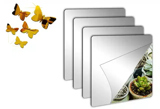 Self Adhesive Wall Mirror, Silver, Pack of 4