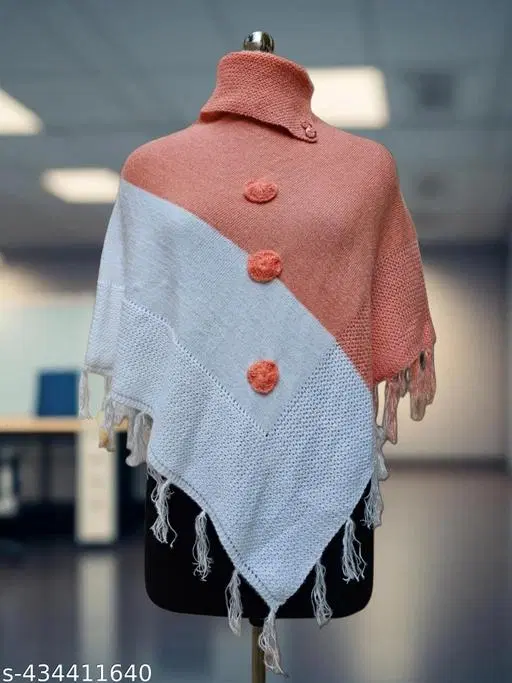 Woolen Poncho for Women (Peach & White, Free Size)