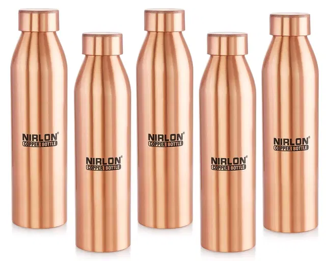 Nirlon Copper Tamba Bottle With Advanced Leaf Proof Protection/Joint Less, Ayurveda And Yoga Health Benefits For Everyday Use, Vedic 950Ml, Set Of 5