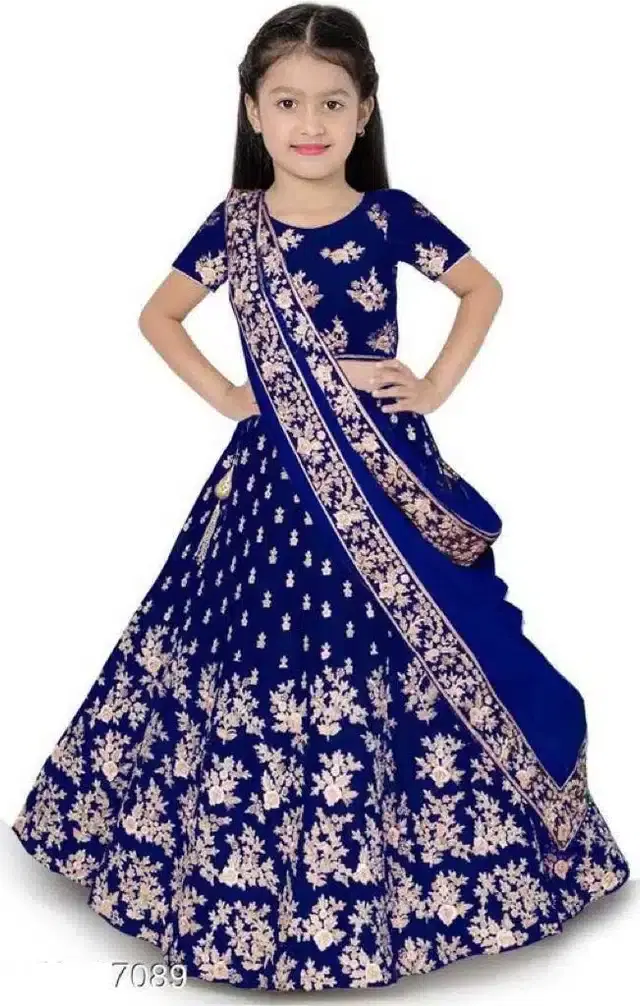 Net Embroidered Lehenga Choli for Girls (Navy Blue, 3-4 Years)